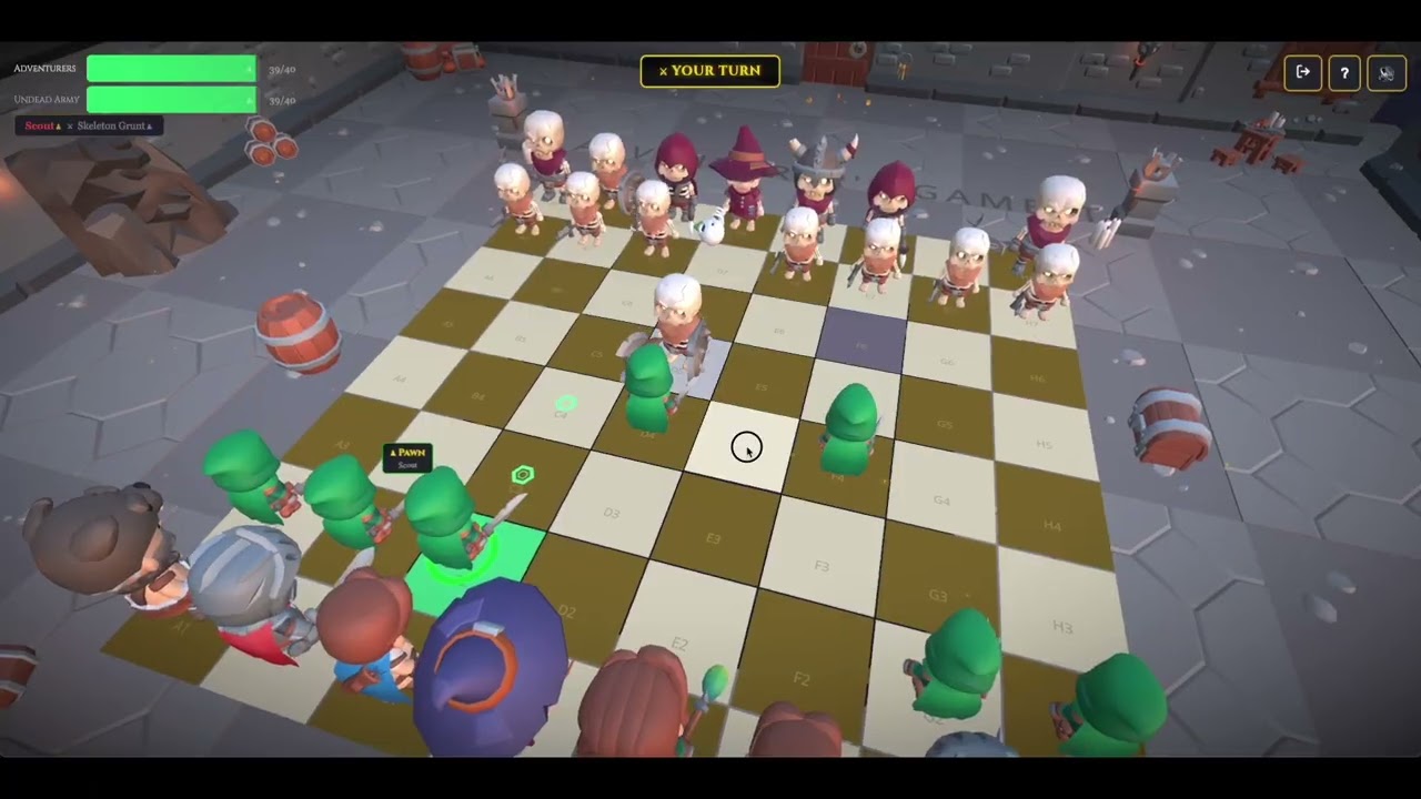 Adventurer's Gambit — an RPG party on a 3D chessboard facing skeleton warriors